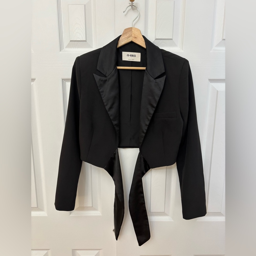 Black Women's Tuxedo Style Cropped Jacket with Ribbon Tie Front